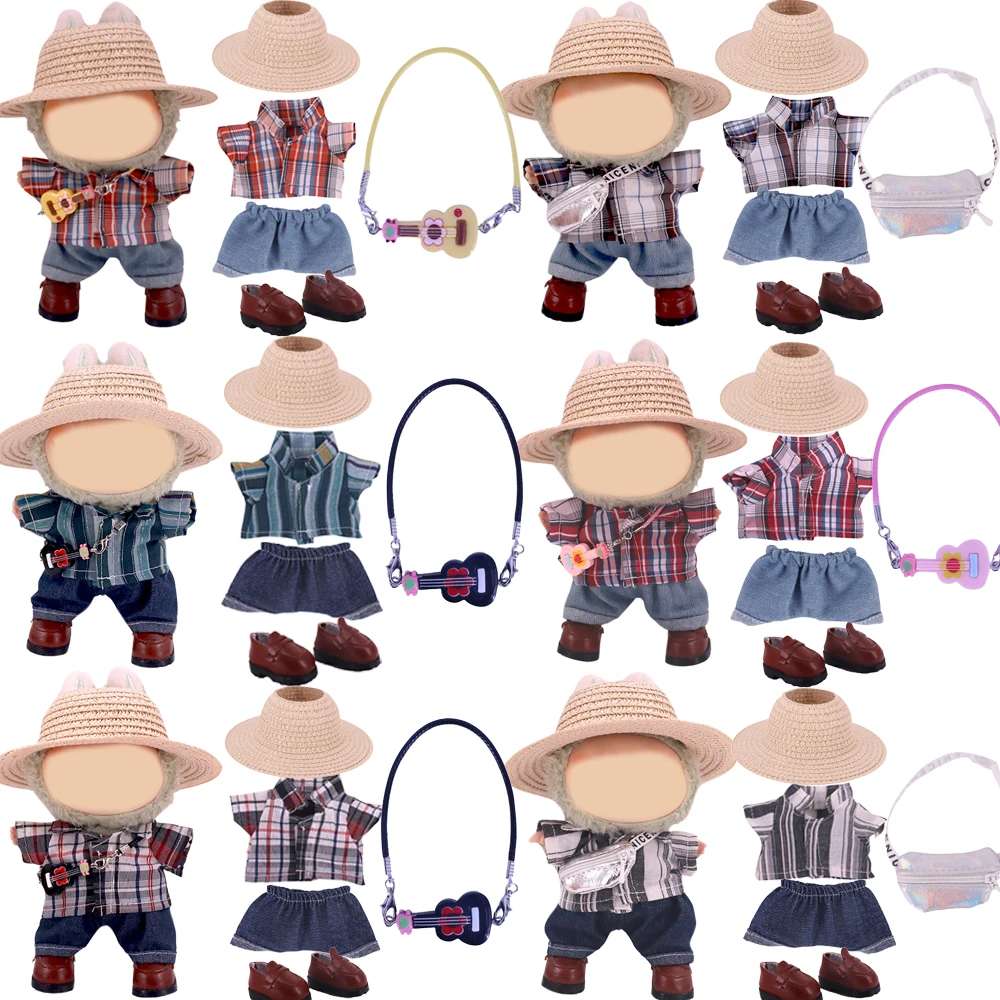 For labubu Clothes 5Pcs/set Straw Hat shirt Jeans Leather Shoes Guitar Accessories 15-17CM Doll Checkered Shirt Shiny Bag Gifts