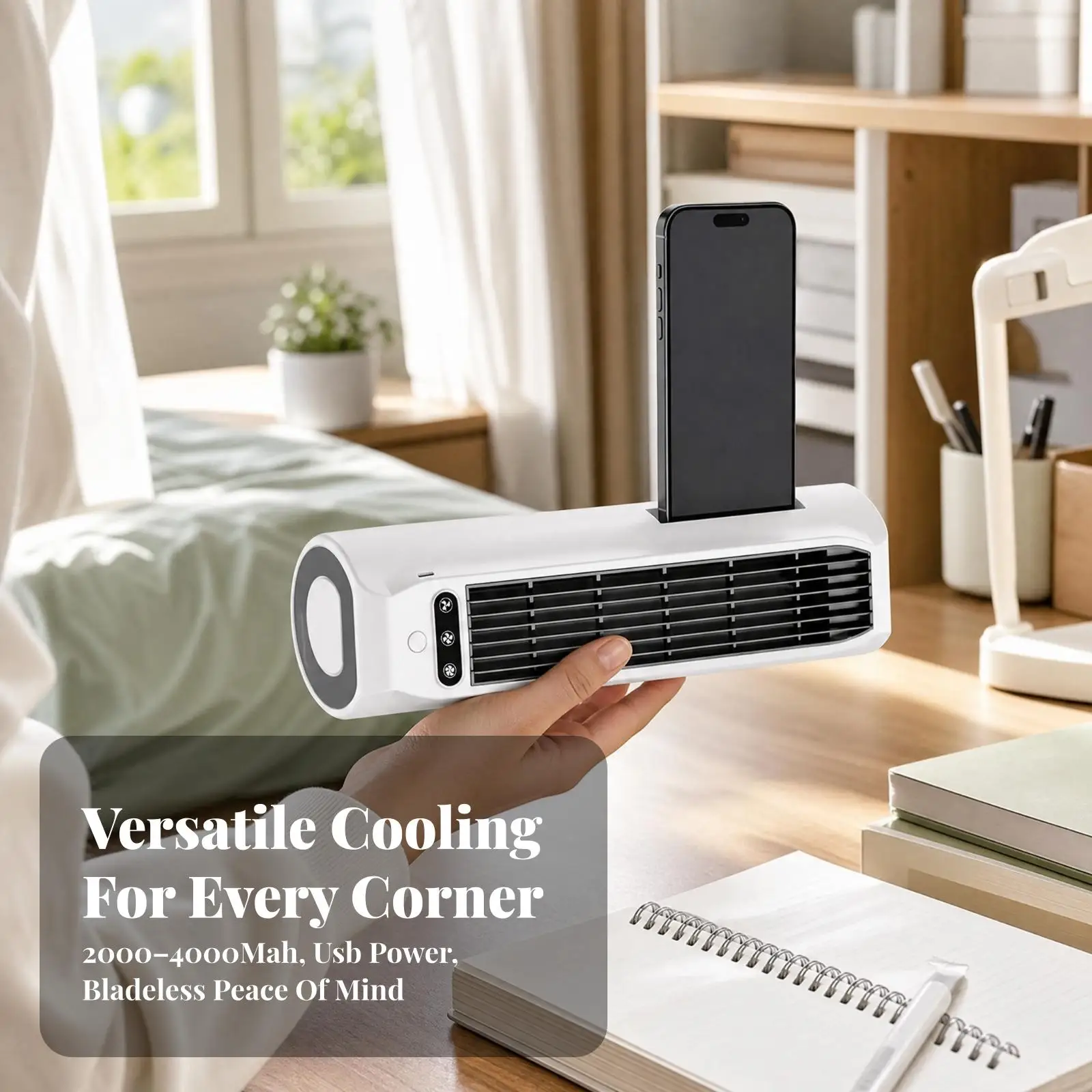 Rechargeable Bladeless Tower Fan Wall Mount Quiet USB Portable Column Cooling Fan for Bedroom Office Tabletop Compact