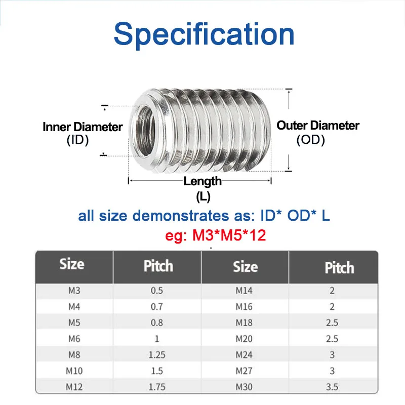 Adaptador de rosca interior y exterior, tuercas de tornillo, manguito de inserción, acoplador de tuerca convertidor M2 M3 M4 M5 M6- M12 M20 304,