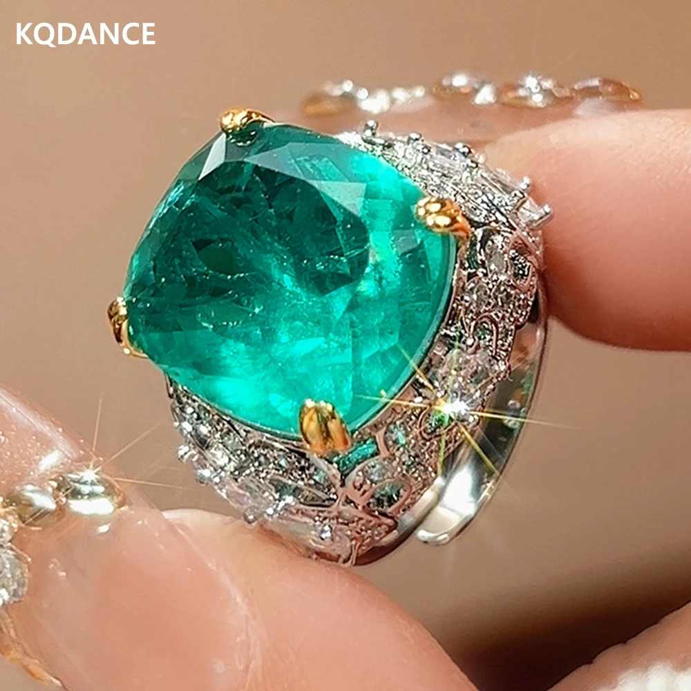 KQDANCE Cushion Cut 14*16mm Created Tourmaline Paraiba Emerald Green Sapphire Blue High Carbon Diamond Rings For Women Jewelry