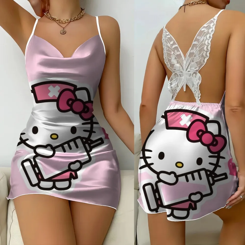 Kurze Kleider mit Satinoberfläche, Hello Kitty, Schleife, Knoten, Heimkleid, Pyjama, modisch, bequemer Rock, Damenmode, Sommer 2025,