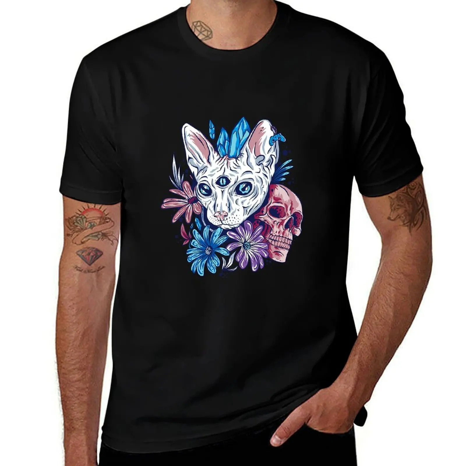 

Skull Cat Mystical Sphynx Flower T-Shirt t shirts for man pack white cotton t shirt pack T-Shirt