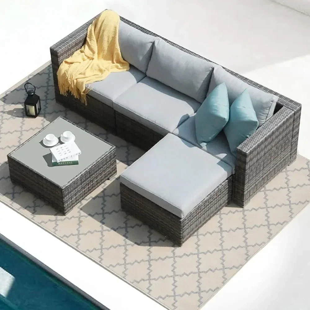 Garden Sofas, Sectional Conversation All-Weather Grey PE Wicker w/Light Cushions, Backyard Porch Garden Poolside Balcony Set