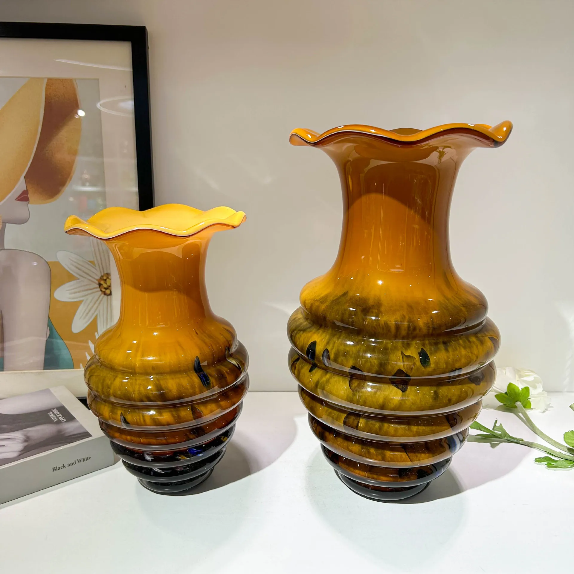 New Chinese-style brown threaded glazed vase flower pot model room flower arrangement hydroponic bogu frame advanced decoration