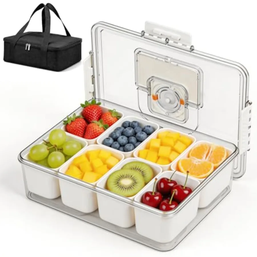 

Chilled Portable Snackle Box container, Divided Serving Tray, Beach Essentials Insulated Container with Reusable Ice Pack and B
