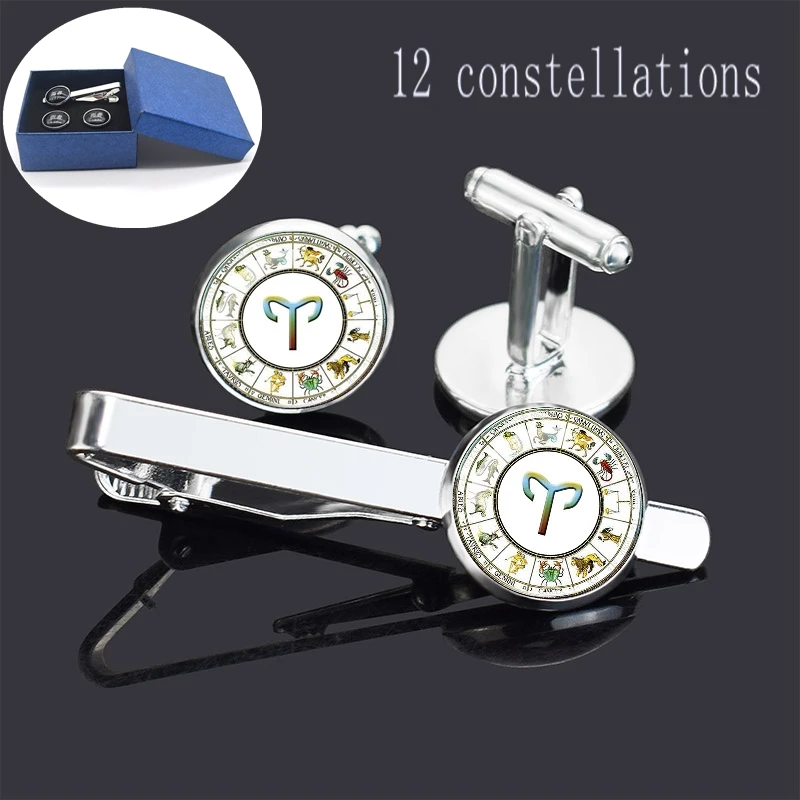 Creative 12 Constellations Exclusive Men's Cufflinks Tie Clip Gift Box Aries Leo Cabochon Glass Pendant Gift Box for Man