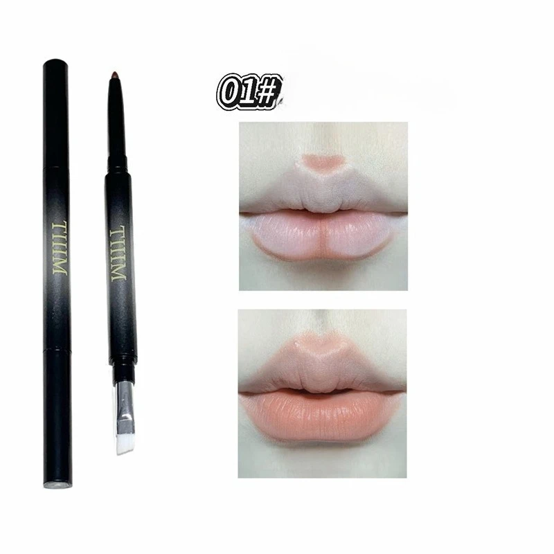 Crayon à lèvres mat 2 en 1 à double extrémité avec brosse à lèvres pigmenté naturel longue durée anti-taches définir les lèvres dodues maquillage de Date quotidienne