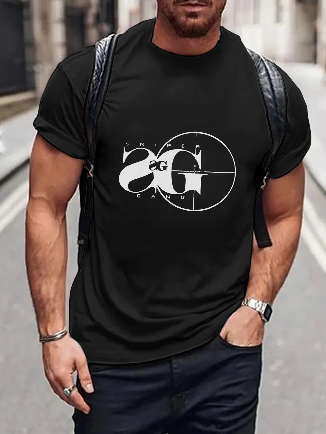 T-shirt Slogan Sniper Gang Print pour homme, manches courtes, style de rue américain, carillon, décontracté, col rond, t-shirt pour homme à Sprin