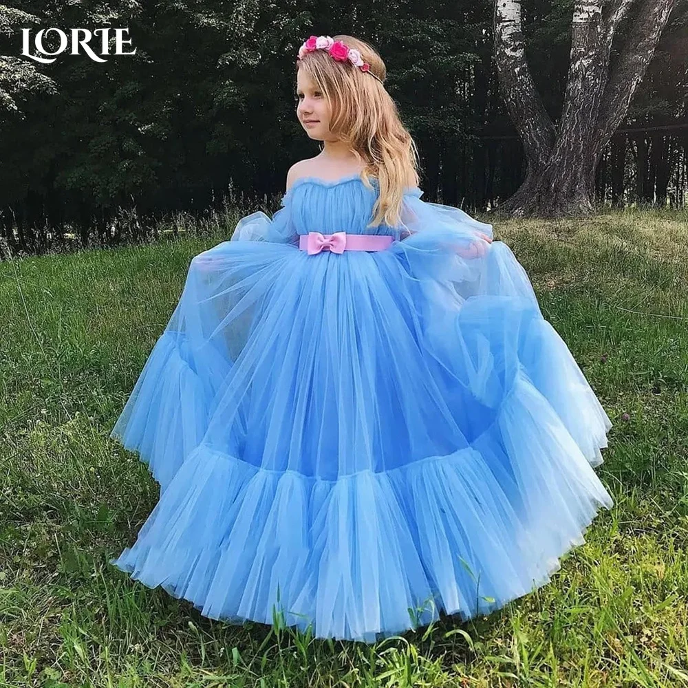 LORIE Baby Toddler Puff Sleeve StraplessTulle Tutu Twirly Babydoll Flare Bow Ball Gown Princess Flower Girl Dress Customized