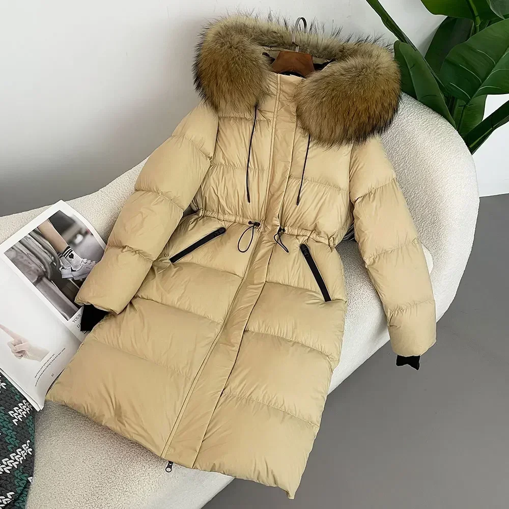 Real Fox Fur Real Raccoon Fur Long Hooded Coat Women Slim Warm Jacket Female 2024 Winter New White Duck DownCasual Fashion