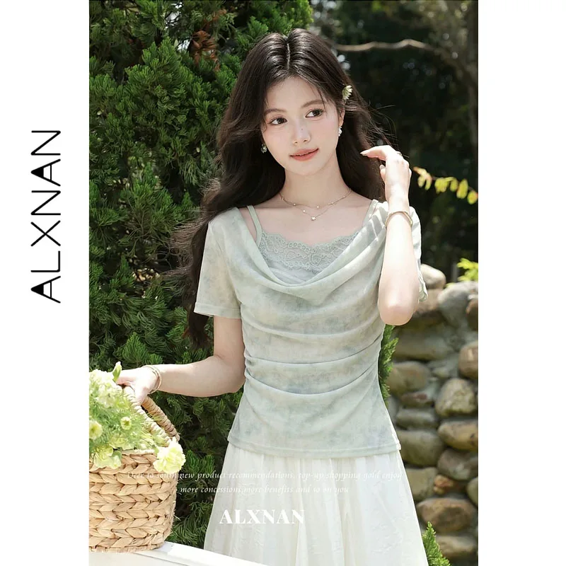 ALXNAN Women's Green T-shirt Summer Draped Neck Lace Fake Two Piece Gradient Print T-shirts Elegant Short Sleeve Tees L661181A