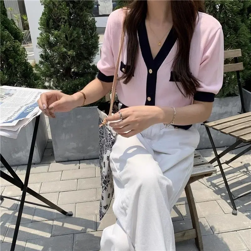 Women Clothing Fashion Sweet Solid Patchwork Cardigan Summer Elegant V-neck Short Sleeve Knit Shirt Thin Slim Button Tops