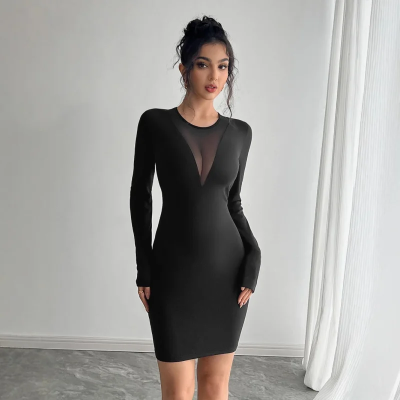 

2025Autumn and Winter New Women's Solid Color Mesh Patchwork Chest Design Long Sleeve Slim Dress