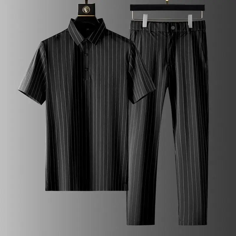 Men's Clothing Summer high quality Casual Trousers Polo Shirt suit Short-sleeved Thin Striped Business Two-piece Set