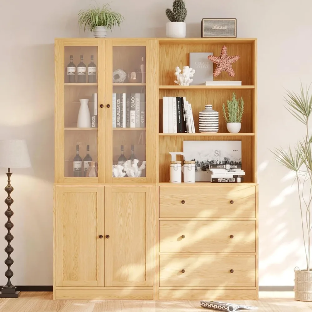 

3-Tier Modern Bookshelf with 3 Large Drawer, Wood Filing Cabinet with Open Storage Shelf, Glass Doors and Fixed Storage Shelves