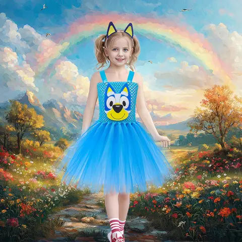 Cartoon Bluey Princess Dress Halloween Children'S Festival Costume Bluey Bingo Same Puppy Cosplay Costume Mesh Skirt Gifts