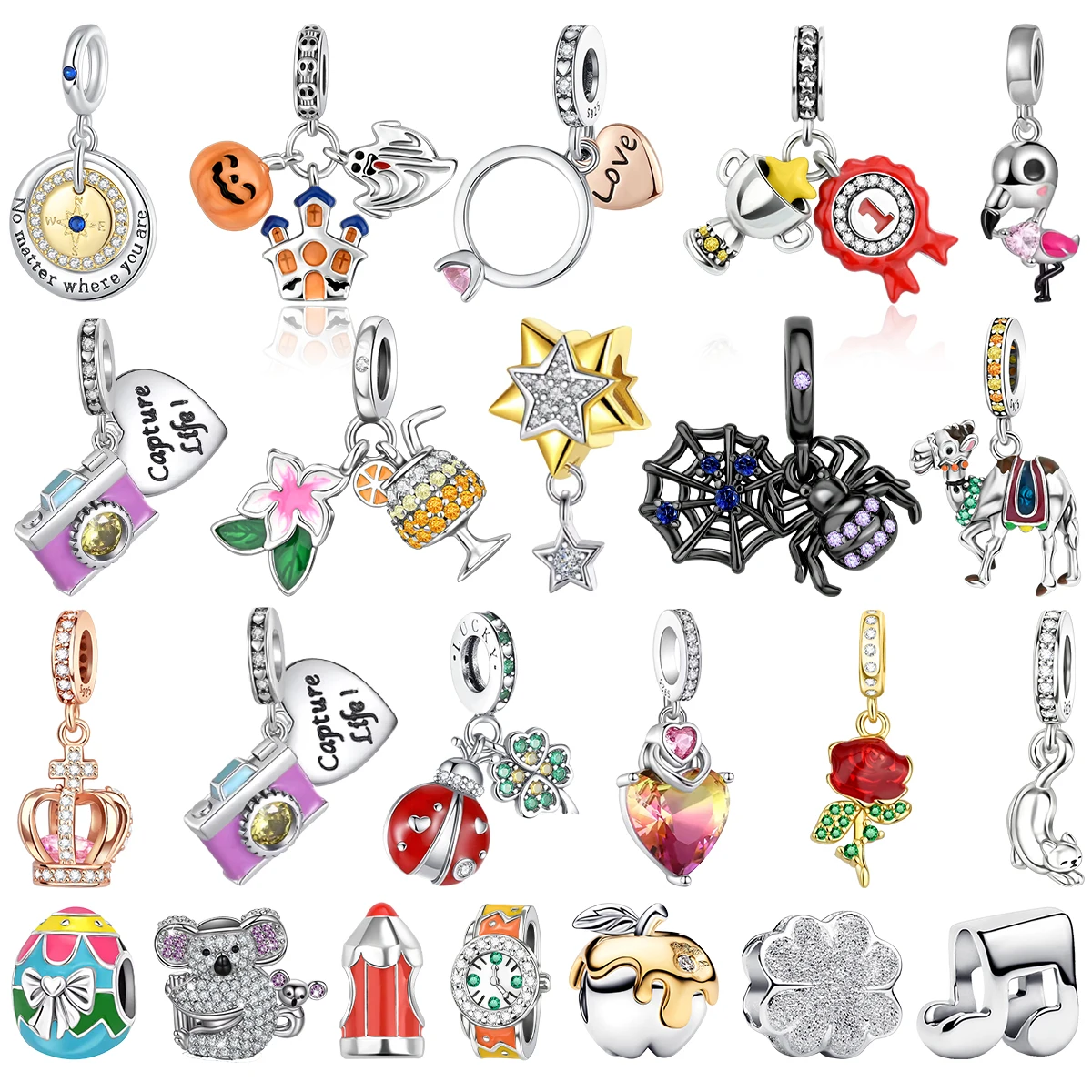 2026 925 Sterling Silver Pave Plate Pendant Flamingo Spider Camel Ladybug Koala Apple Star Rose Charm Jewelry DIY Bracelet Gift