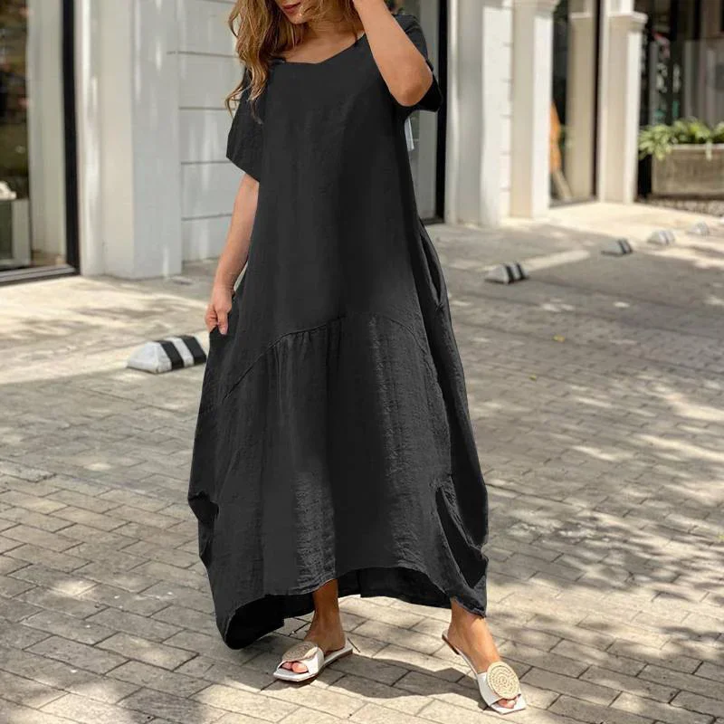 Women Literary Style Solid Color Loose Cotton Linen Dress Summer O Neck Pullover Casual Dresses Female Side Double Pockets Gown