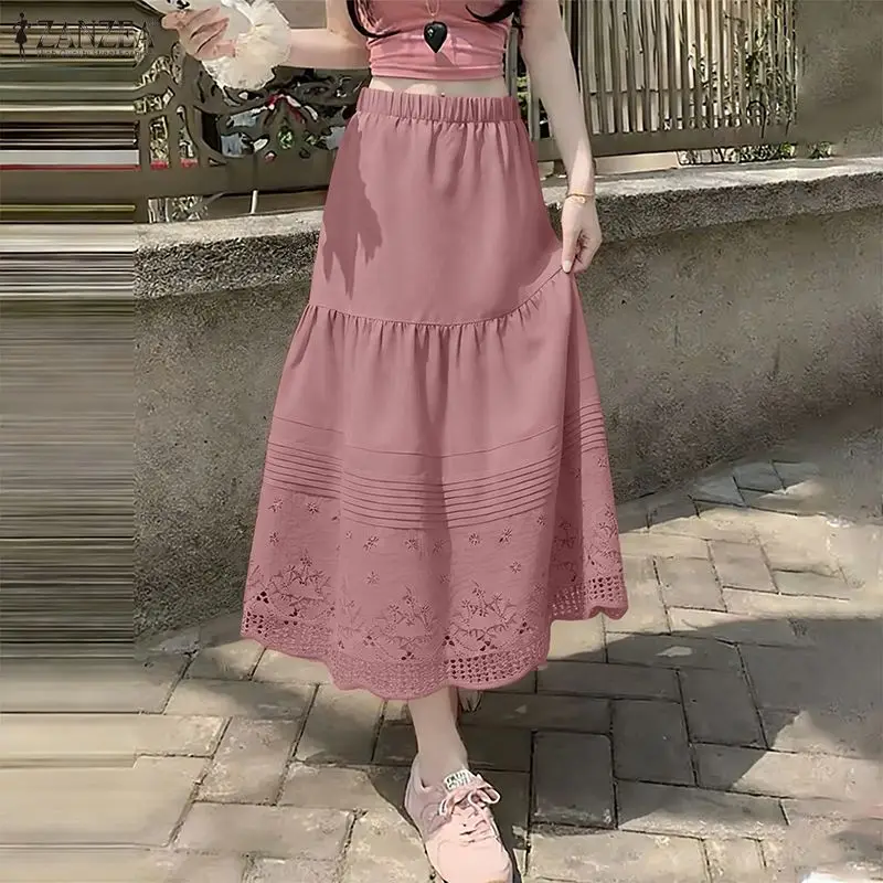 

ZANZEA Элегантная длинная юбка женская мода однотонная кружевная повседневная миди Jupes летняя высокая талия уличная оверсайз с эластичной резинкой на талии Faldas Saia