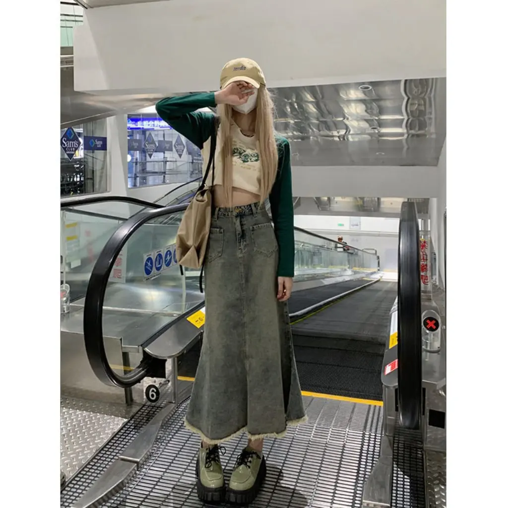 

Retro Hong Kong Style High Waist Slimming A-Shape Denim Skirt for Female Students Mid-Length Split Over-Knee Fashion