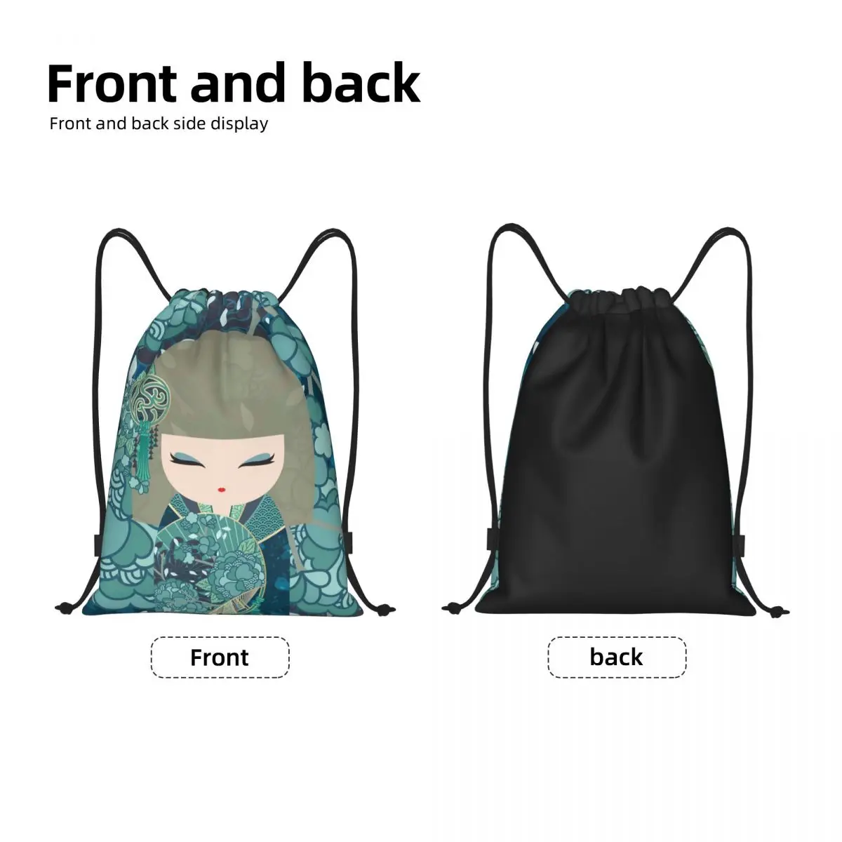 Kokeshi Doll Cherry Blossoms Drawstring Backpack Women Men Sport Gym Sackpack Foldable Japanese Girl Art Training Bag Sack