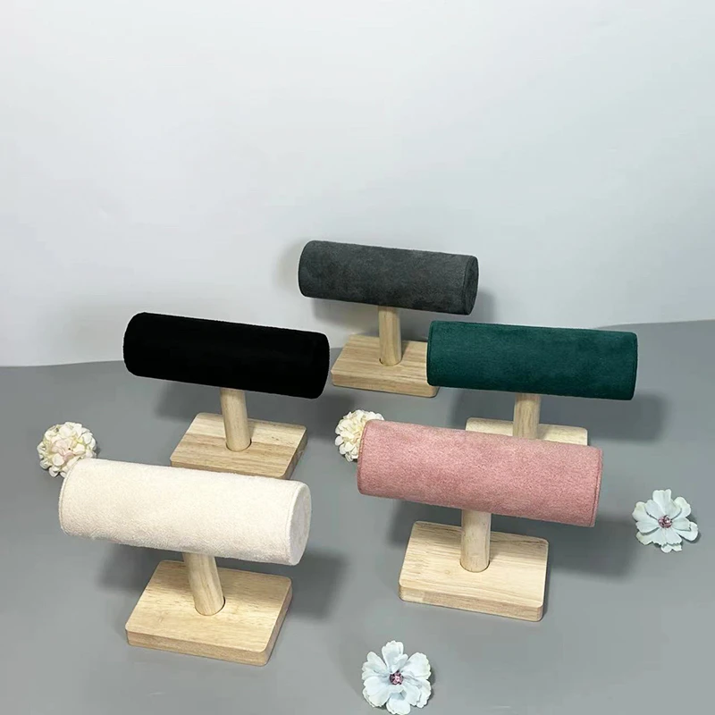 

1pc Velvet Bracelet Display Stand With Wooden Base Bangle Necklace Hairbands Watches Jewelry Storage Rack Counter Showcase Props