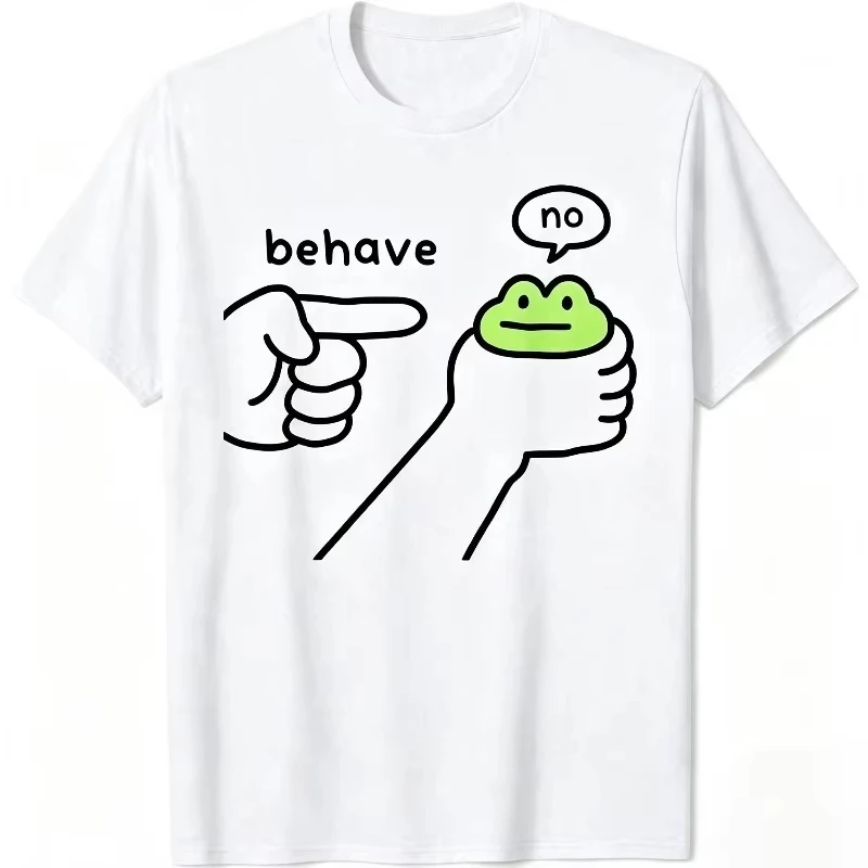 American Streetwear Loose Men T-shirt Funny Behave No Refuse Frog Hand Graphic Print Soft Cotton Breathable Daily Casual Tops
