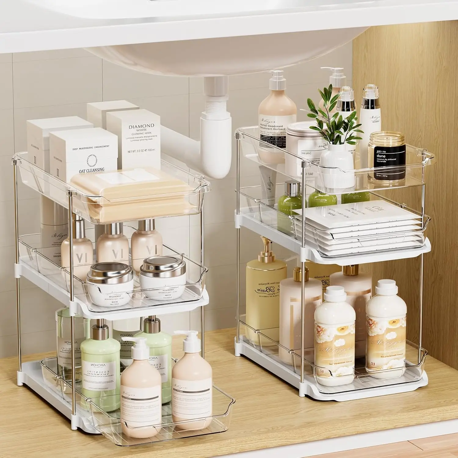 

3-Tier Stackable Under Sink Storage with Pull-Out Drawers & Dividers for Bathroom Kitchen Pantry Organization