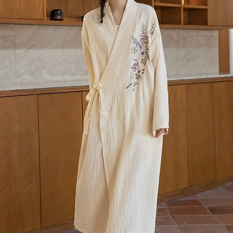 Embroidery Robe for Women V-neck Summer Sleepwear Nightdress Japanese Night Wears One Piece Lace-up Korean Reviews Many Pajama