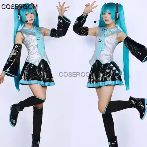 Miku Cosplay Silver Leather Fabric Suit Miku Cosplay Costume JK Sailor Dress High School Halloween Uniform Wig