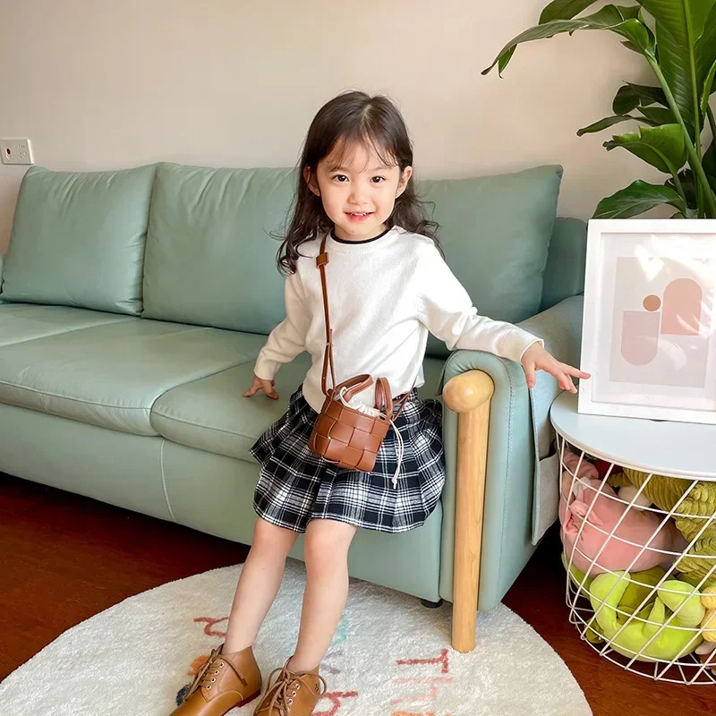 Children Shoulder Bag Korean Style Bucket Bag Retro Girls Crossbody Bag Casual Simple Solid Color Fashionable Mini Bag