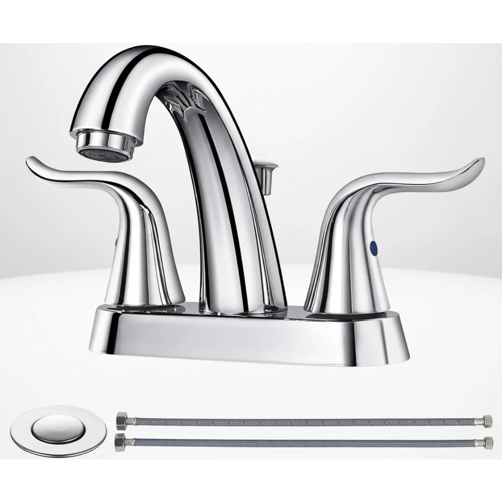 

4-Inch Centerset Bathroom Sink Faucet with Lift Rod Drain, Easy Installation Chrome Basin Mixer Tap for Home & RV