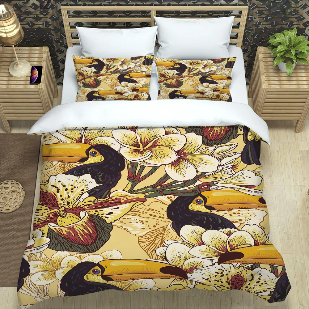 Flowers Toucan King Queen Duvet Cover Women Vintage Floral Bedding Set Blue Plant Comforter Cover 2/3pcs Polyester Quilt Cover