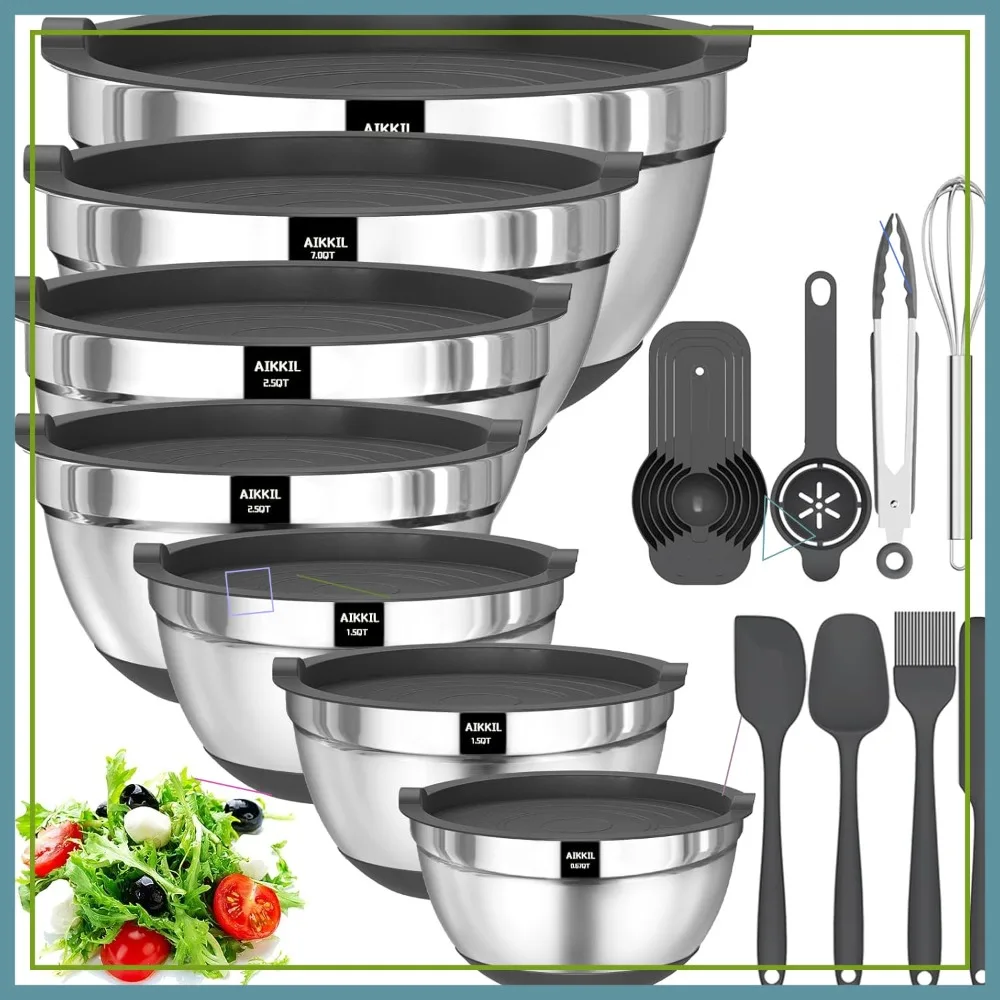 

Набор из 20 мисок для смешивания из нержавеющей стали с герметичными крышками, нескользящим силиконовым дном, 7 размеров для выпечки и сервировки