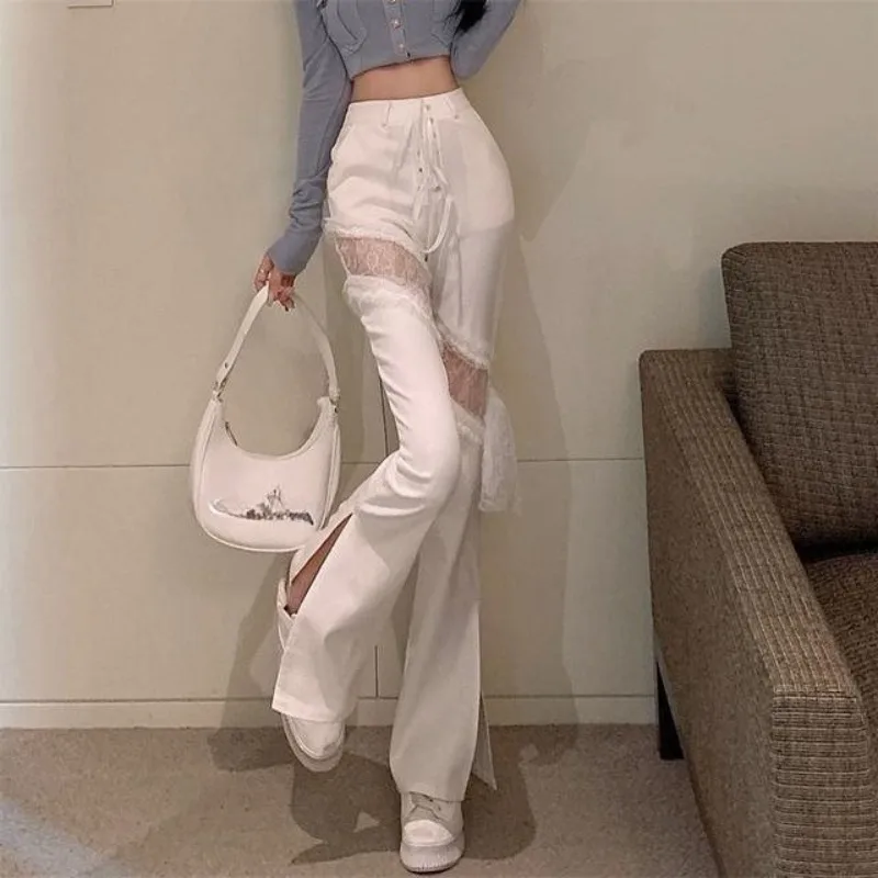 Y2k Lace Stitching Hollow Out Side Slit Bandage High Waist Flared Jeans Slim Gothic Punk Streetwear Denim Pants Harajuku Trouser