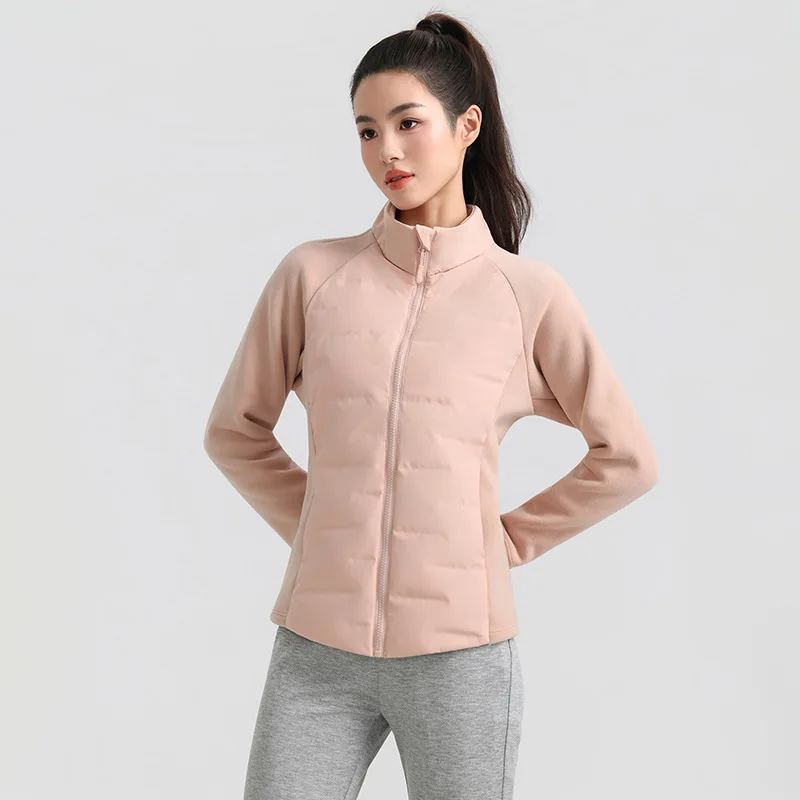 Pequena cintura outono e inverno gola alta leve pato branco para baixo jaqueta feminina emendado forro interno esportes corrida