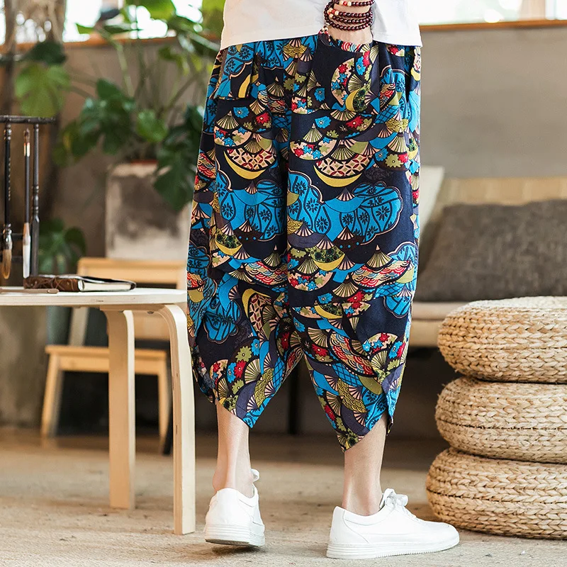 2024 Men Harajuku Summer Loose Calf Length Casual Pants Men Wide Leg Printing Baggy Pants Oversize Men Beach Trousers