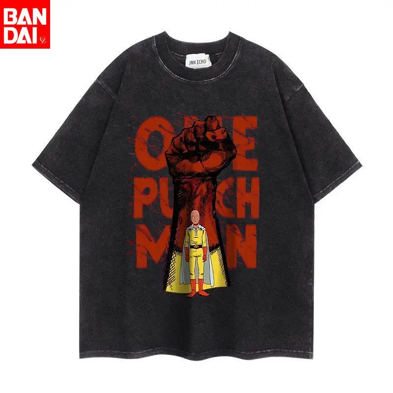 One Punch Man Saitama Riesige Rote Faust Silhouette Vintage Wash Print T-Shirt Herren 2026 Sommer Schwarz Übergroßes T-Shirt Anime Streetwear
