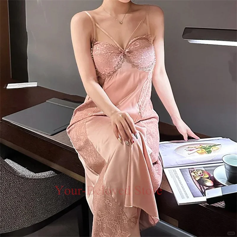 Lady Sexy Lace Trim Bathrobe Long Sleepshirt Palace Style Robe Set Vintage Ice Silk 2Pcs Sling Nightgown Home Dressing Gown