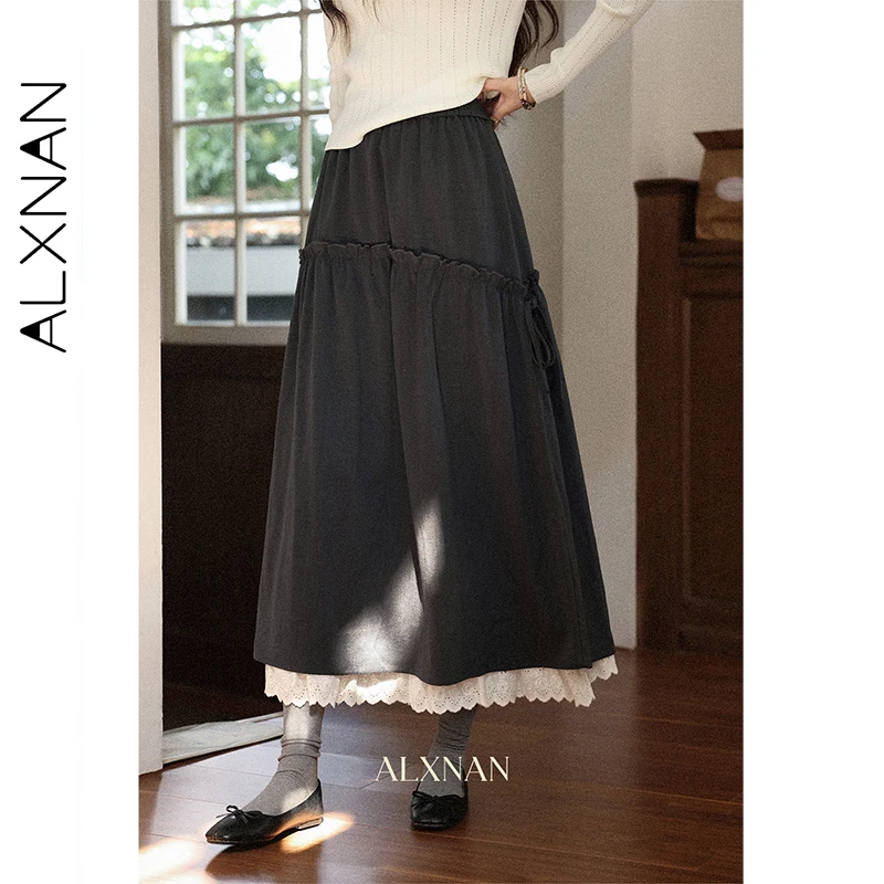 

ALXNAN серая юбка женская осенняя новая длинная трапециевидная юбка с высокой талией и кружевной строчкой 2025 повседневная юбка свободного покроя с эластичной резинкой на талии L57220