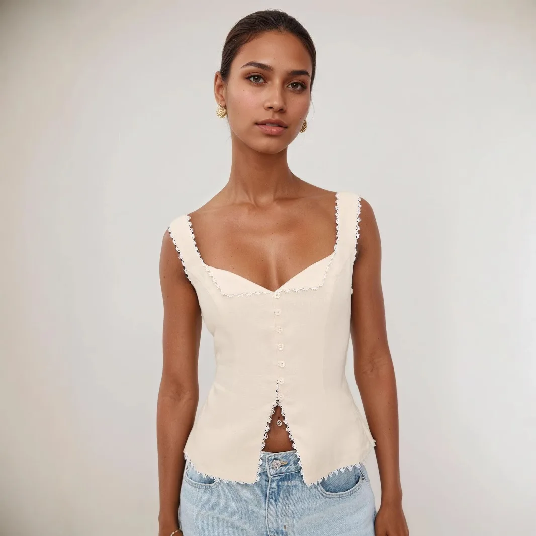 High Quality Hot Sale Wholesale Women's French Cotton Linen Lace Splicing Fashionable Buckle Suspender Solid Sleeveless Vest Top