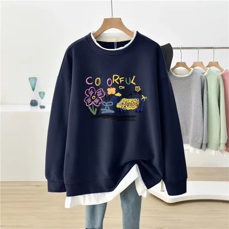 DAYIFUN-Plus Size Hoodies für Frauen Gefälschtes zweiteiliges Design bedruckt Pullover Sweatshirts Mode O Hals Top Frühling Herbst Neu 2024