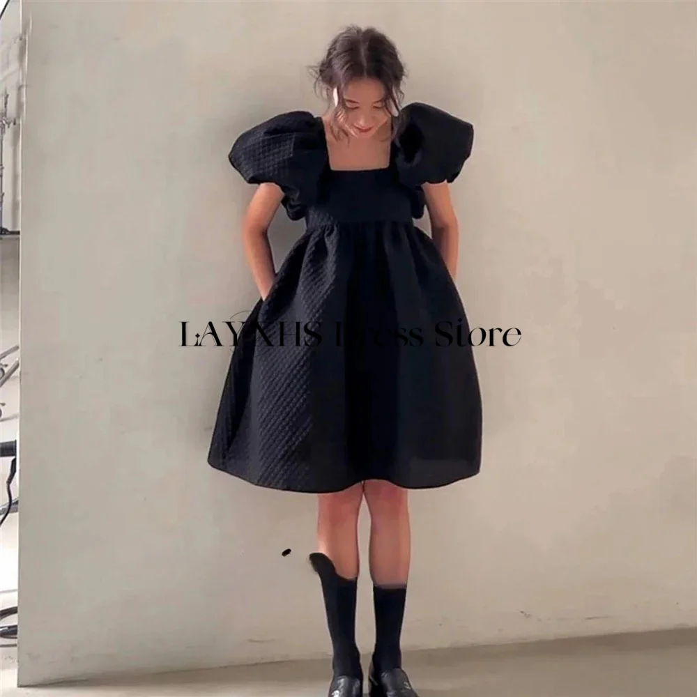 Vintage mini curto vestido de festa de casamento coreia sessão de fotos preto uma linha puff mangas curtas vestidos de noite personalizado vestido de baile
