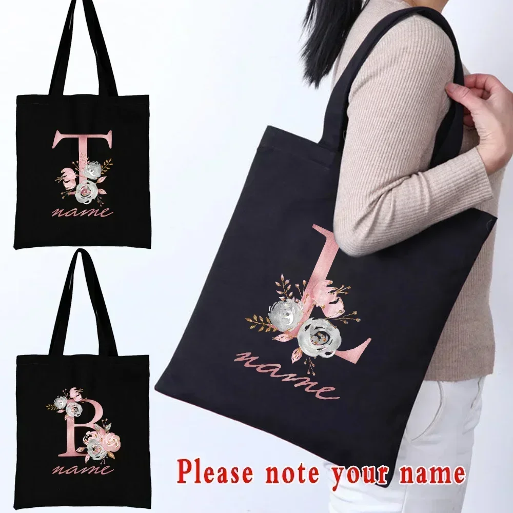 

TOUB024 Women Canvas Shoulder Bag Pink Flower Letter Customize Name Handbag Ladies Casual Tote