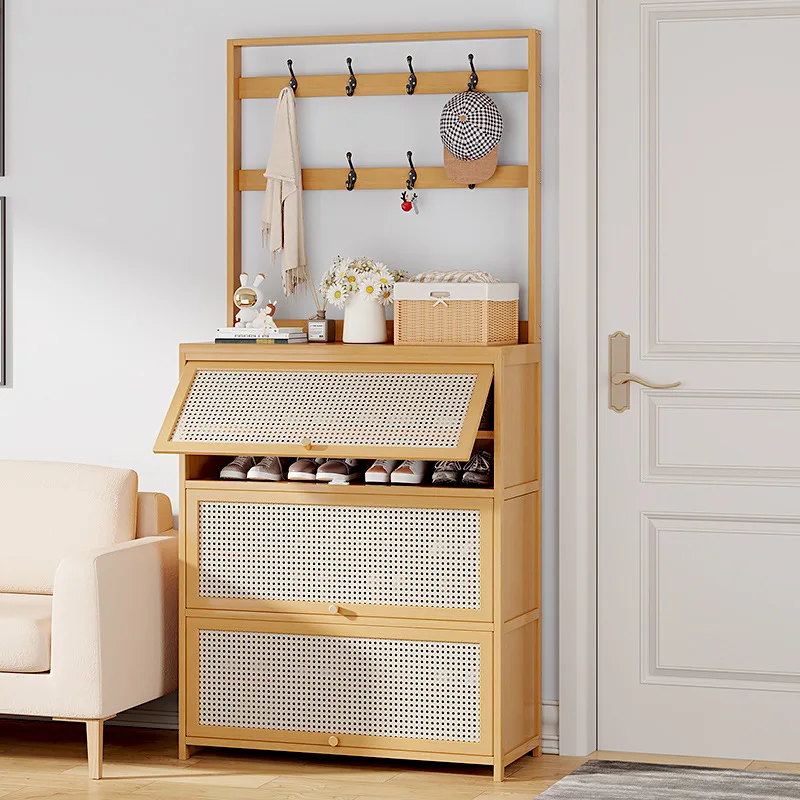 Rattan breathable flap door shoe cabinet hanger integrated household door multi-functional shoe rack solid wood storage cabinet