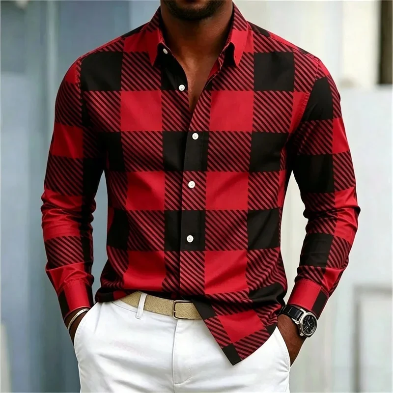 Men's High-Quality Red and Black Checkered Contrasting Shirt, Street Style Casual Slim Fit Shirt, Comfortable Men's Clothing