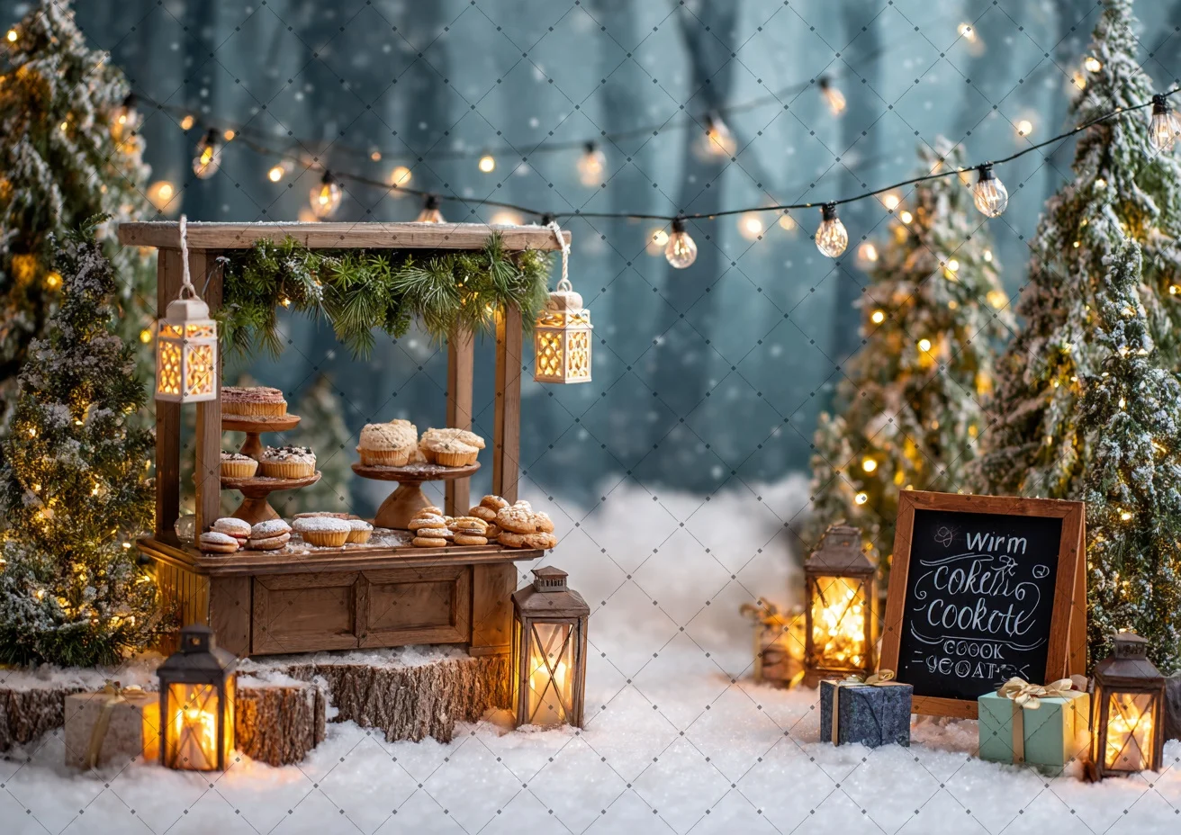 Christmas Cookie Stand Backdrop Xmas Dessert Cart Snowy Tree Lanterns Winter Holiday Party Photography Background Studio Props