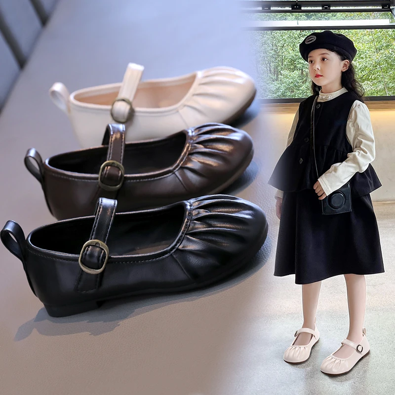 2024 Fashion Girls' Flat Shoes Spring Autumn Versatile Children's Leather Shoes Causal Simple Style Kids Single Shoes Soft Soled