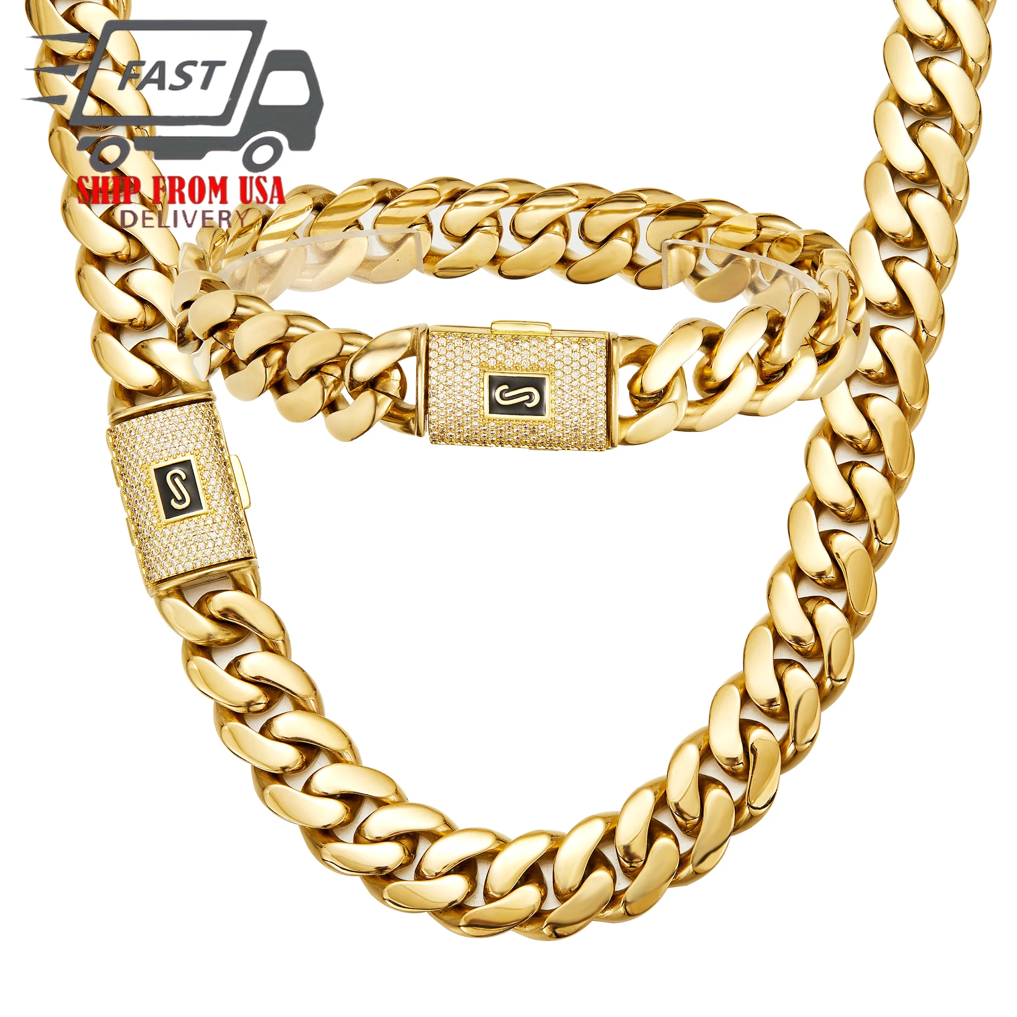 

1pc 14mm Hip Hop Bling Iced Out Stainless Steel Spring Buckle Cuban Miami Link Chain Necklaces for Men Rapper jewelry Gold Color