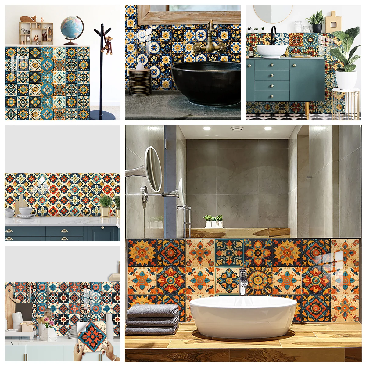 21 Styles Bohemian Tiles Sticker Kitchen Backsplash Oil-proof Bathroom Wall Decals Peel & Stick Waterproof Art Wallpaper